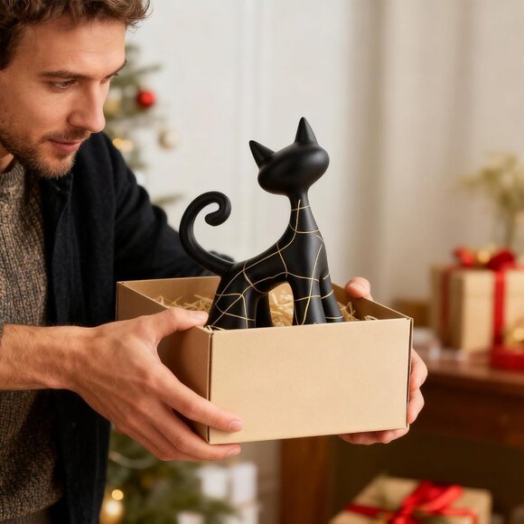Cat Shelf Ornaments - Etsy Modern Black and Gold Lines Cat Figurine Decor - Abstract Shelf/Office Statue